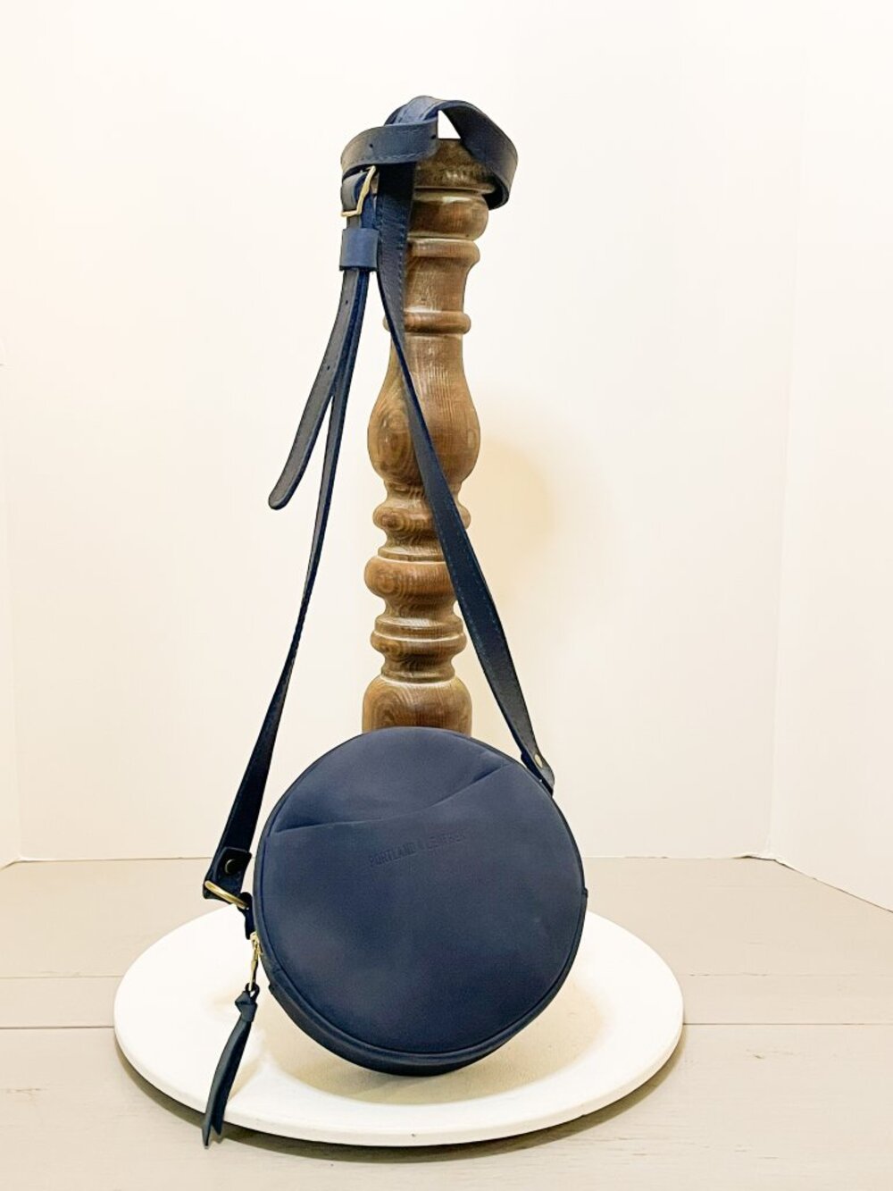 Portland Leather Goods Navy Blue Round Leather Crossbody Bag